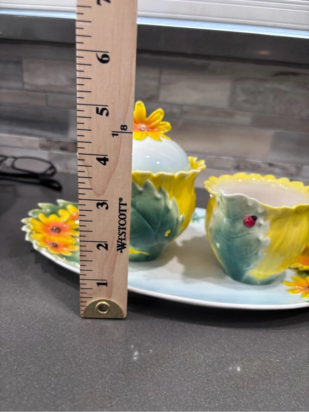 Sorelle Yellow Sunflower and ladybug Porcelain 3d Tea Set. Rare